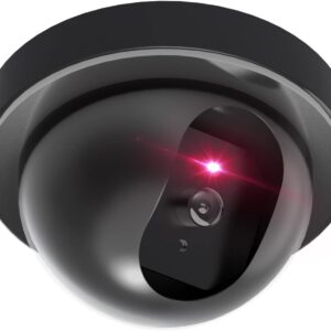 Dummy Fake Security CCTV Dome Camera with Flashing Red LED Light with Security Alert Sticker Decals, Black